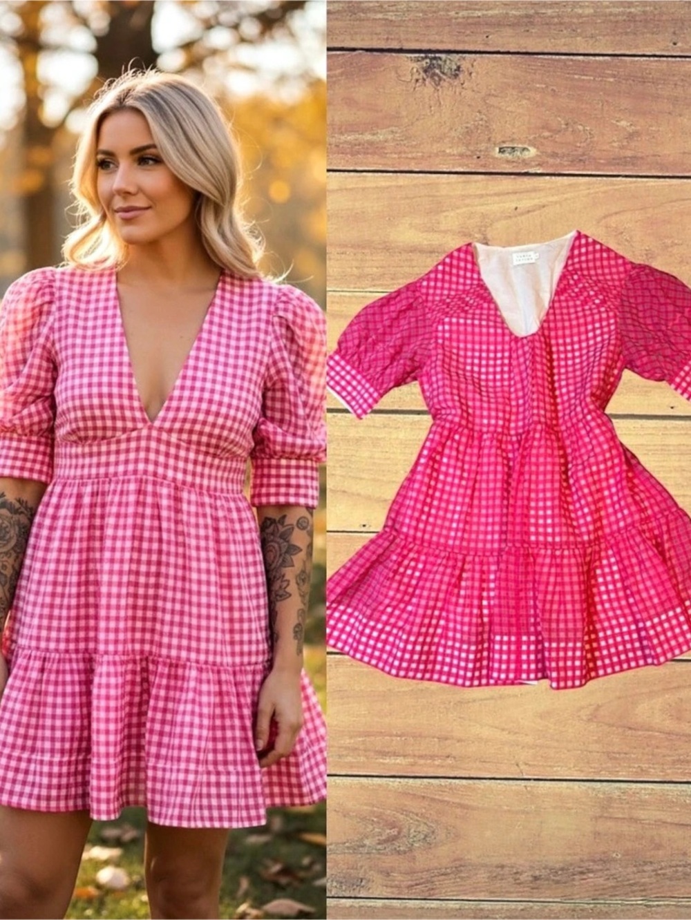 Tanya Taylor Cayla Gingham Plaid Puff Sleeve Mini Dress Fuchsia Size XL